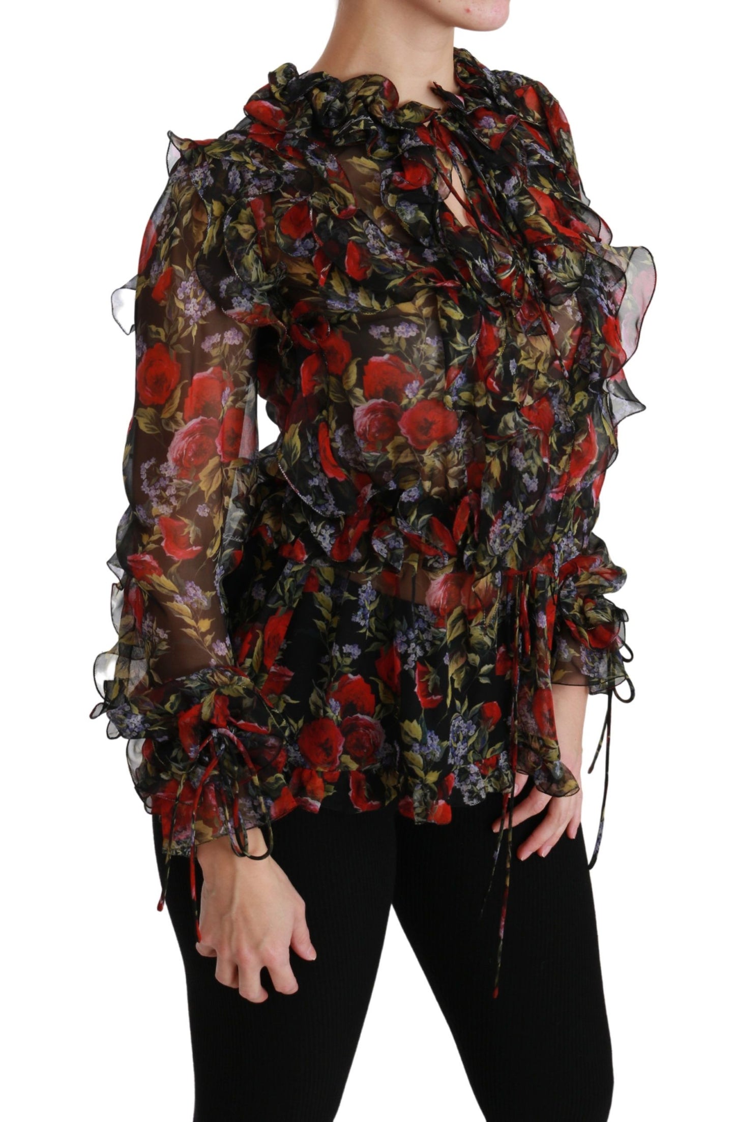 Dolce & Gabbana Svart Blommig Rosblus Sidentopp