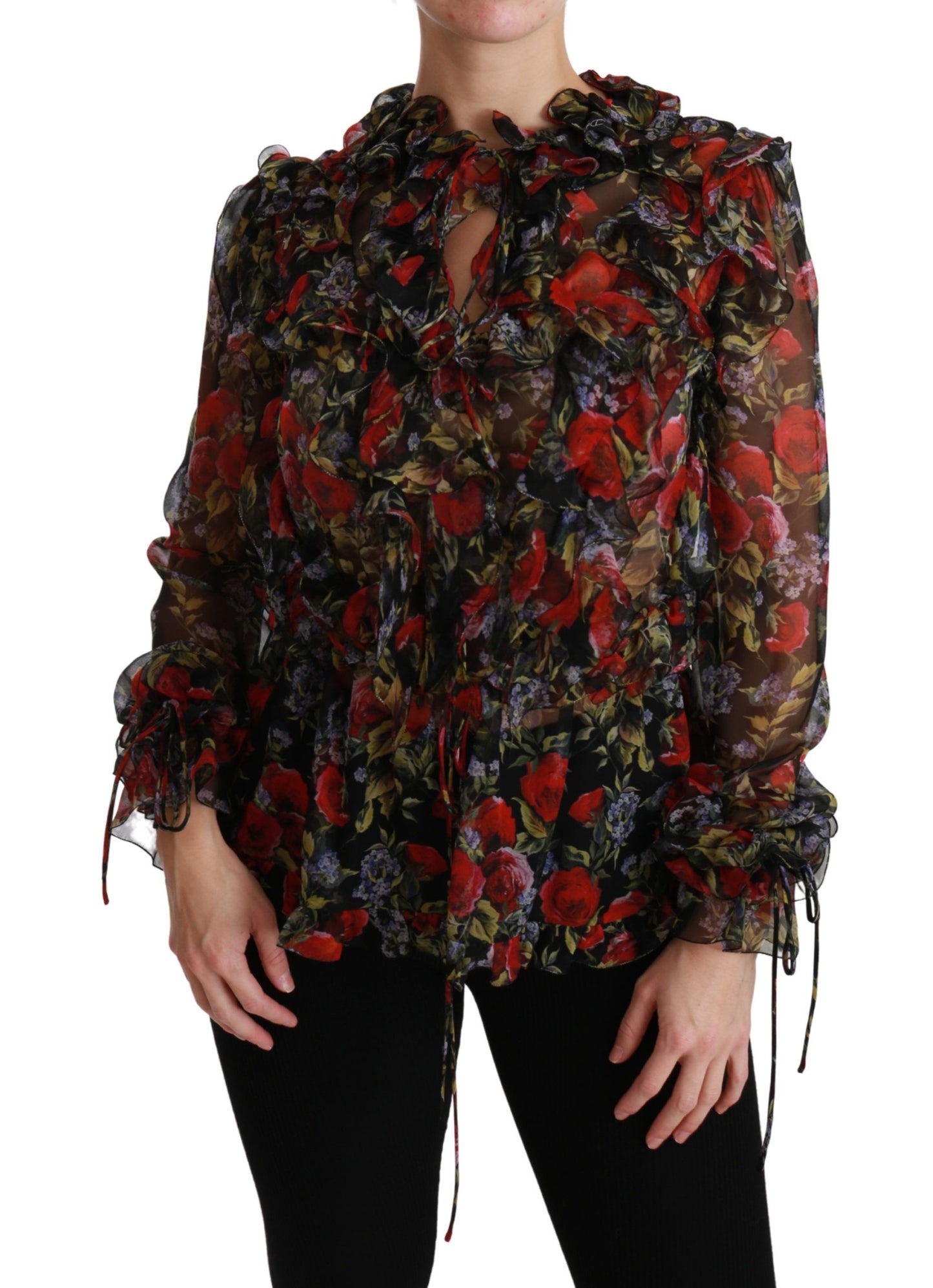 Dolce & Gabbana Svart Blommig Rosblus Sidentopp