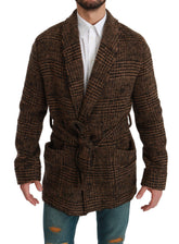 Dolce & Gabbana Brown Checkered Wool Robe Coat Wrap Jacket