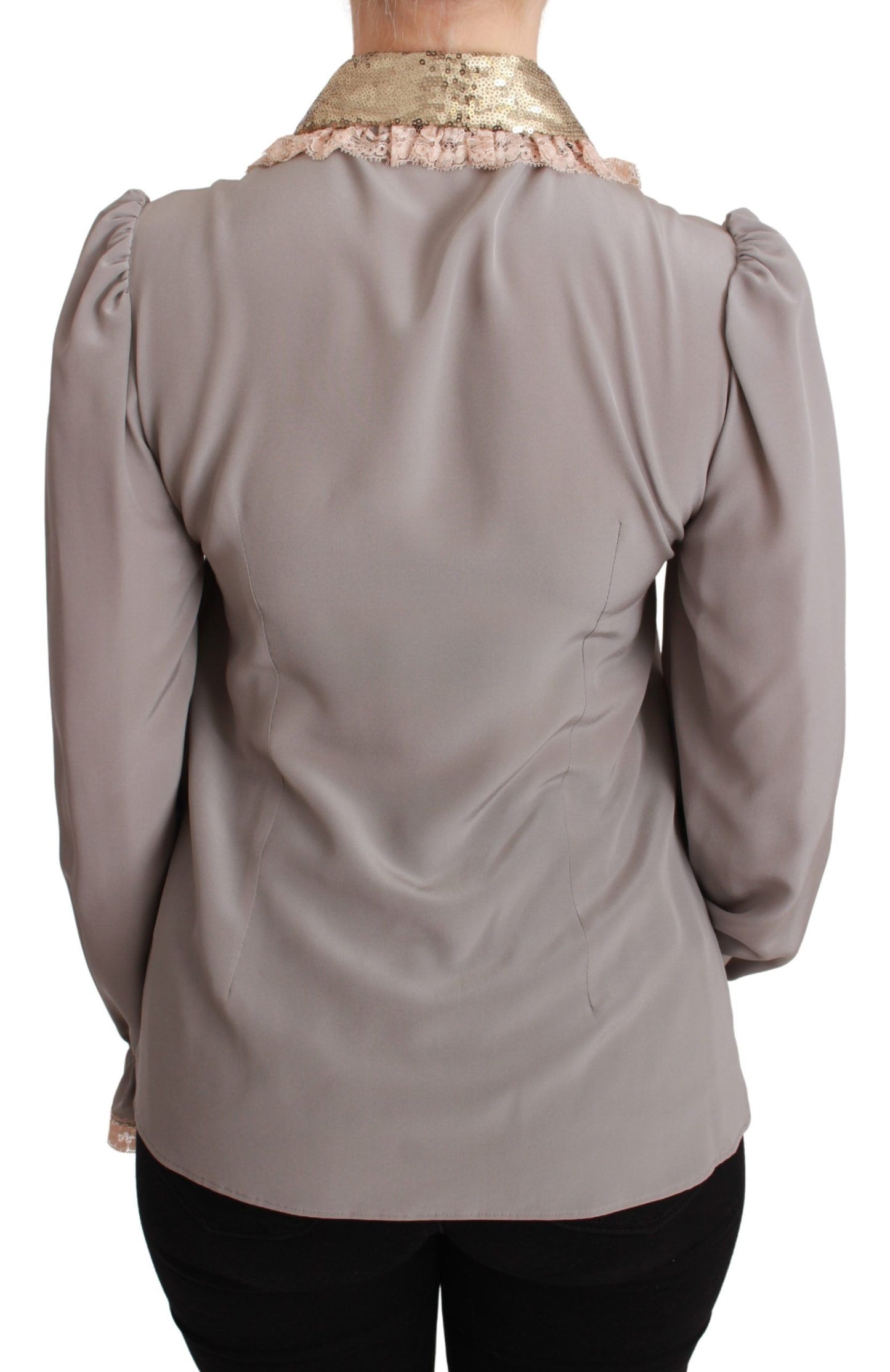 Dolce & Gabbana Grå Siden Guldfärgad Paljett Spetsblus