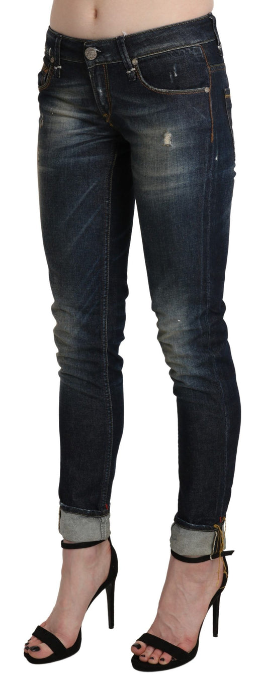 Acht Blå Tvättade Låg Midja Skinny Cropped Denimbyxor