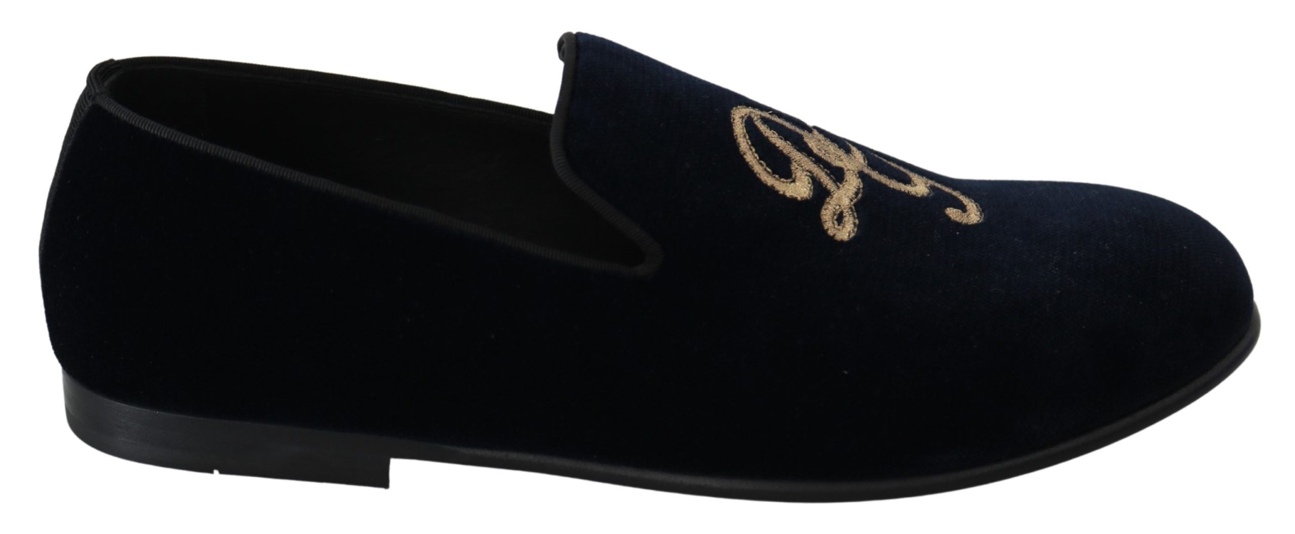 Blå sammets- och guldfärgade logotyp-toffelloafers