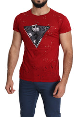 Guess Red Cotton Logo Print Men Casual Top Perforated T-shirt