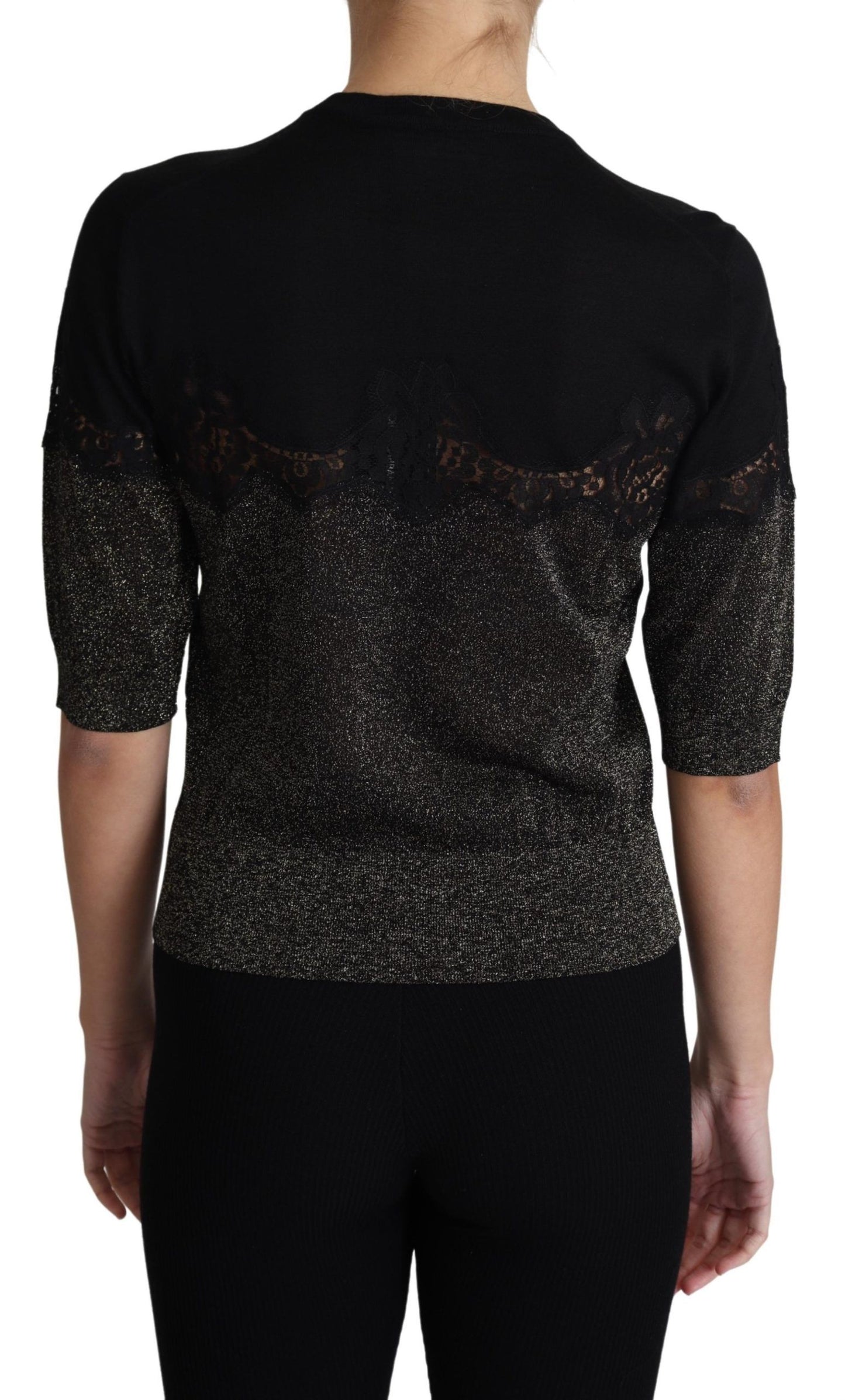 Dolce & Gabbana Svart Glansig Lurex Spetsinsats Pullover Topp