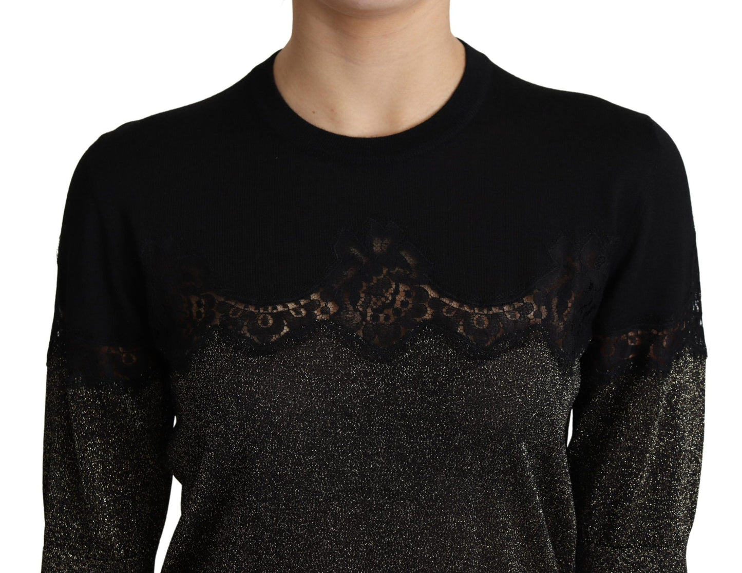 Dolce & Gabbana Svart Glansig Lurex Spetsinsats Pullover Topp