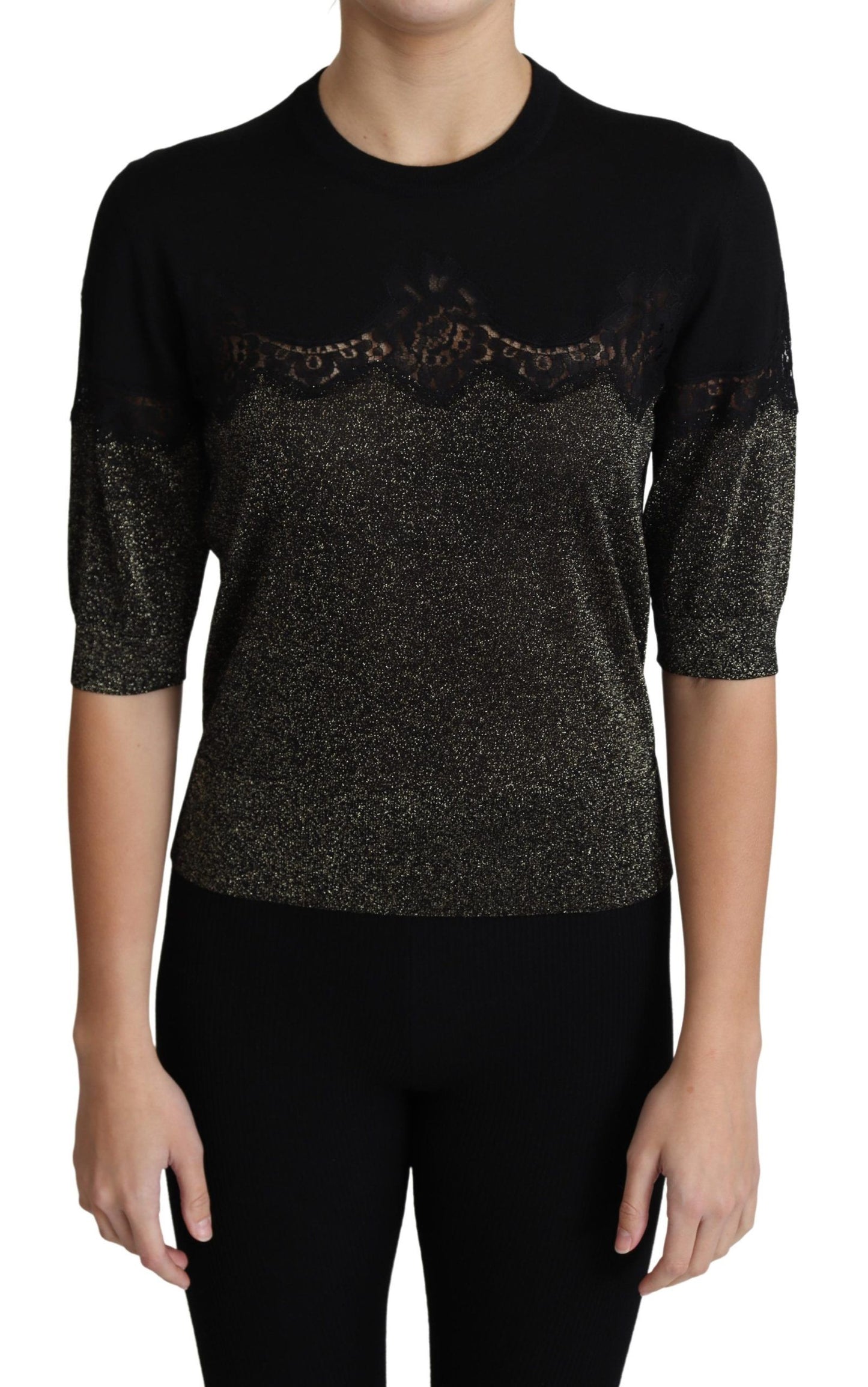 Dolce & Gabbana Svart Glansig Lurex Spetsinsats Pullover Topp