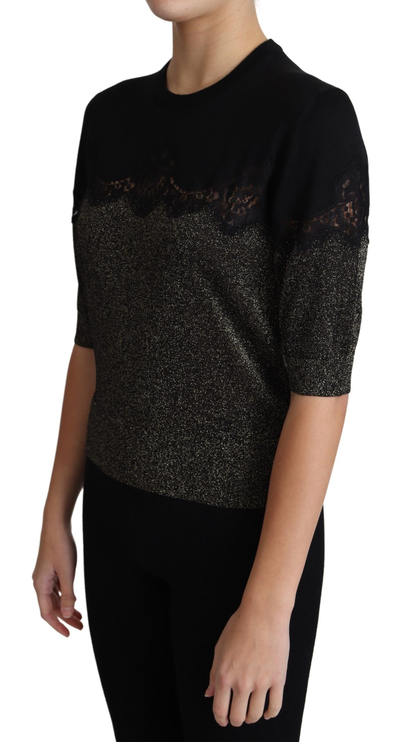 Dolce & Gabbana Svart Glansig Lurex Spetsinsats Pullover Topp