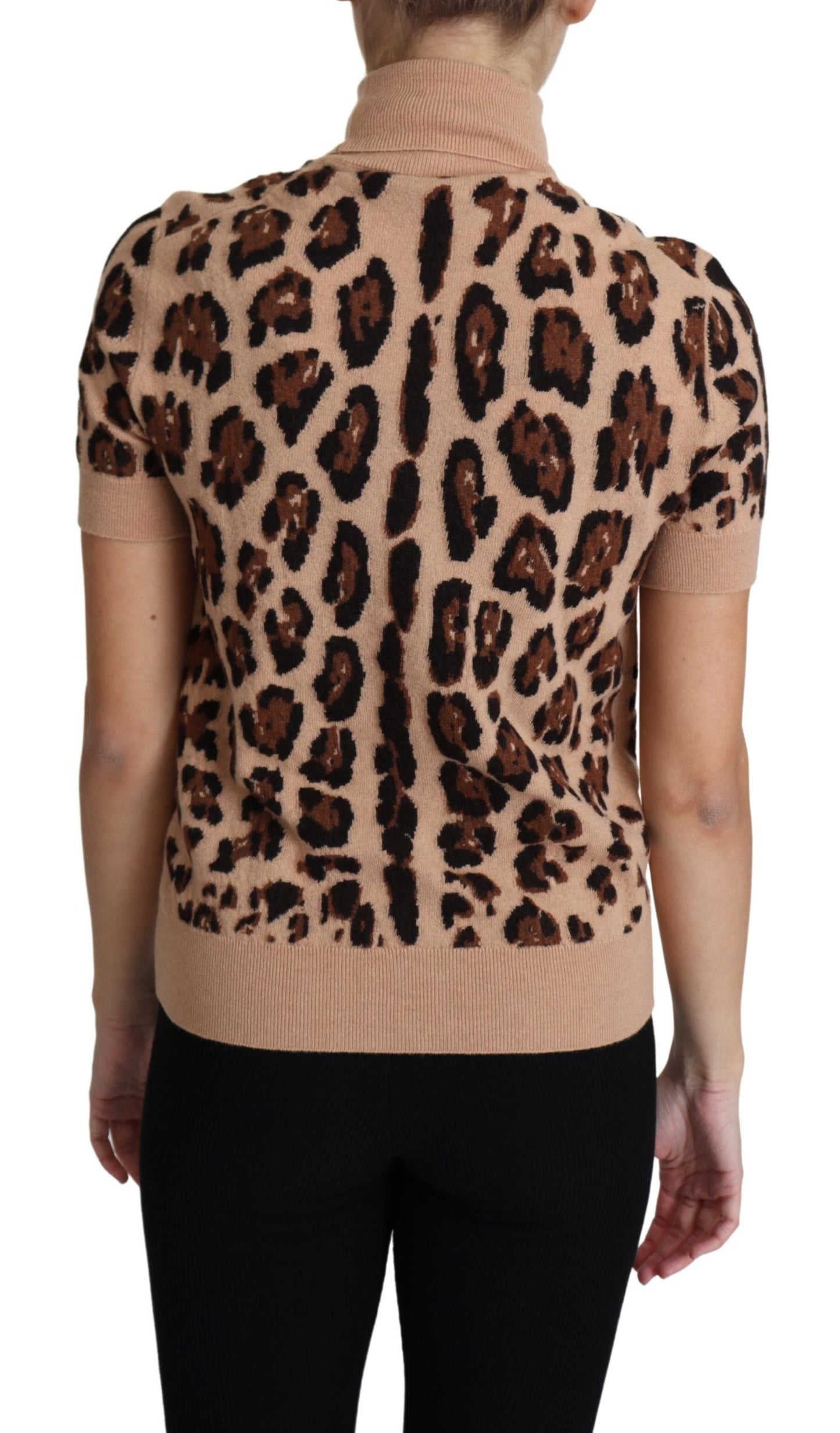 Dolce & Gabbana Beige Leopardmönstrad Topp i Virgin Wool Polotröja