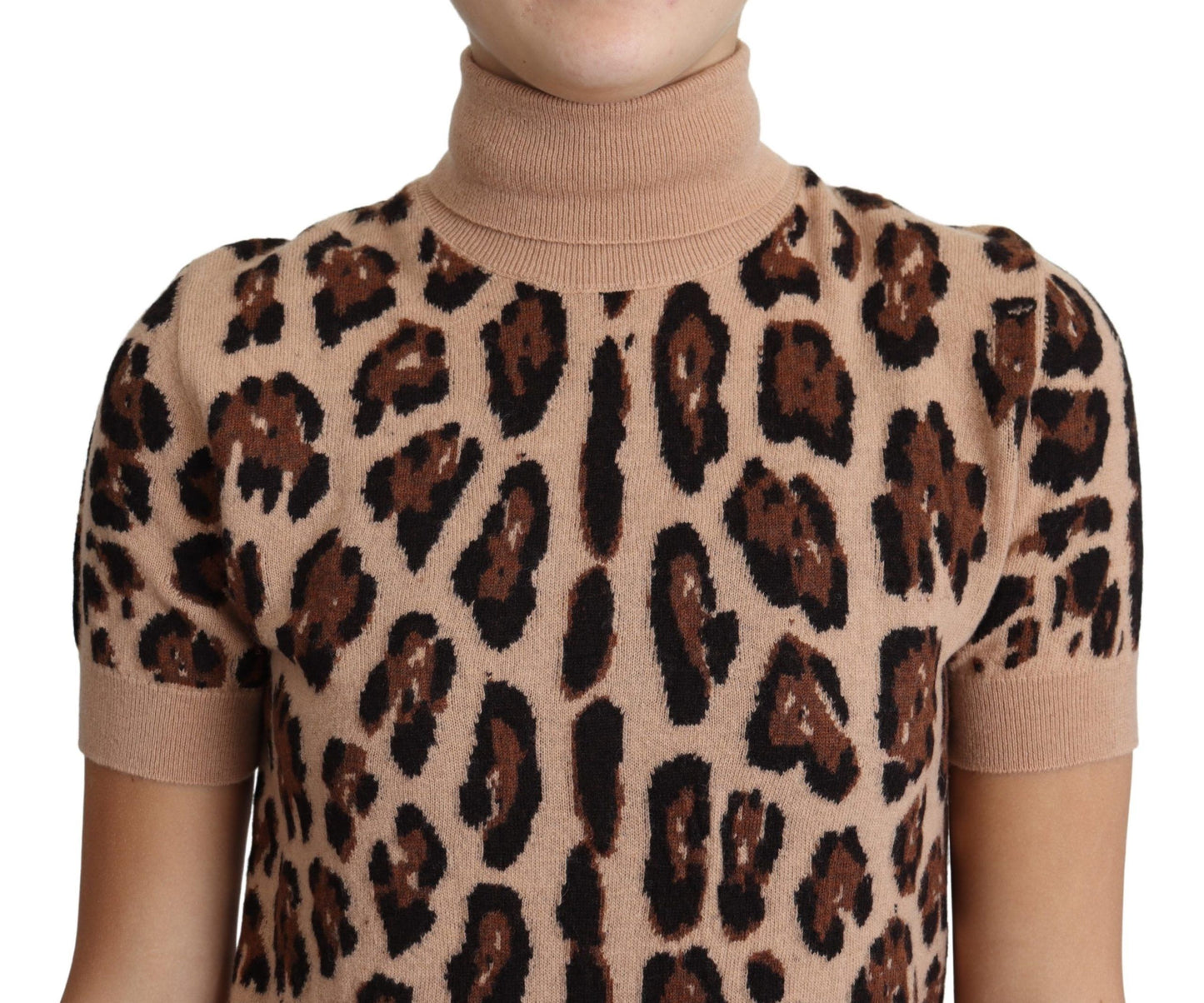 Dolce & Gabbana Beige Leopardmönstrad Topp i Virgin Wool Polotröja
