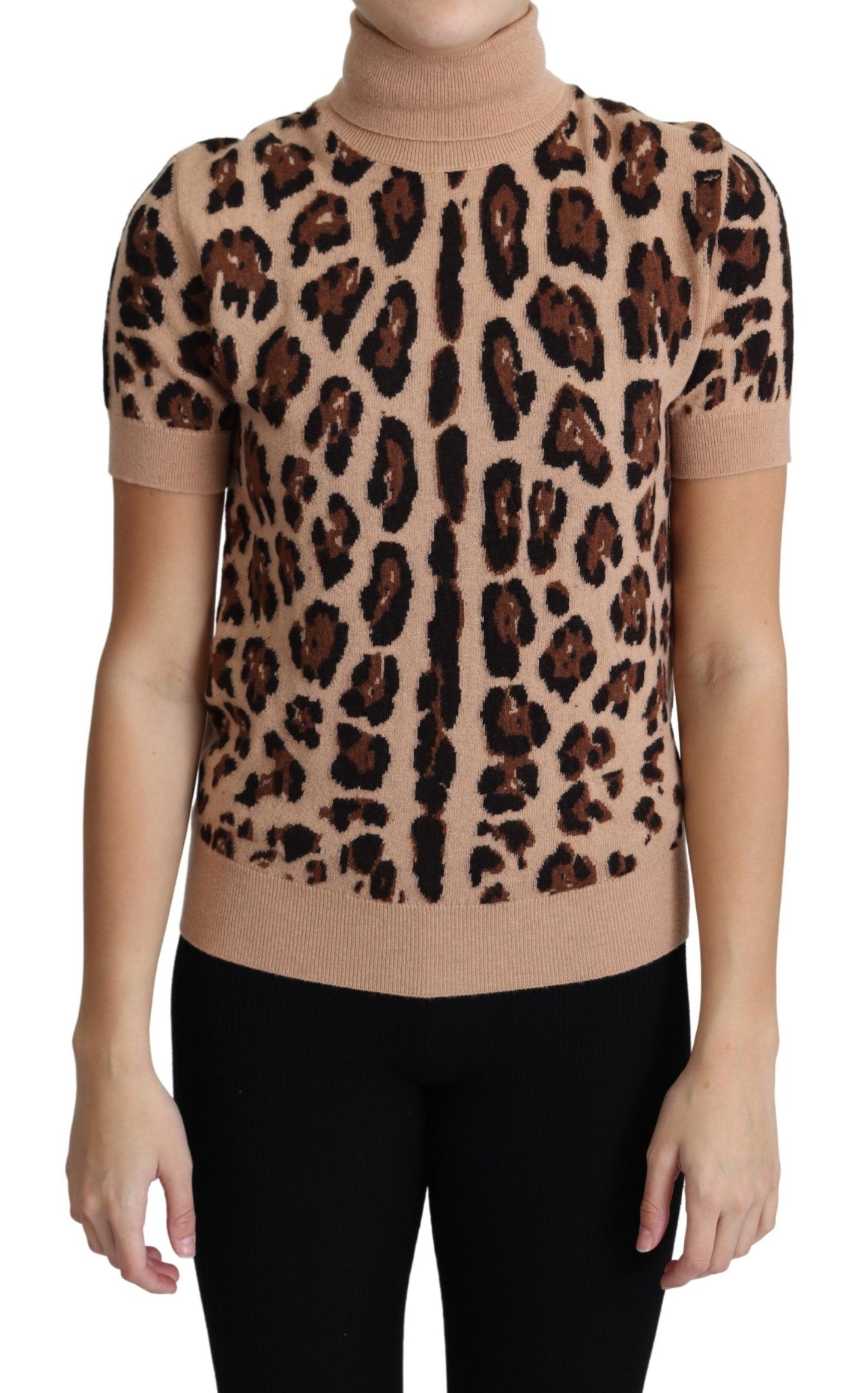 Dolce & Gabbana Beige Leopardmönstrad Topp i Virgin Wool Polotröja