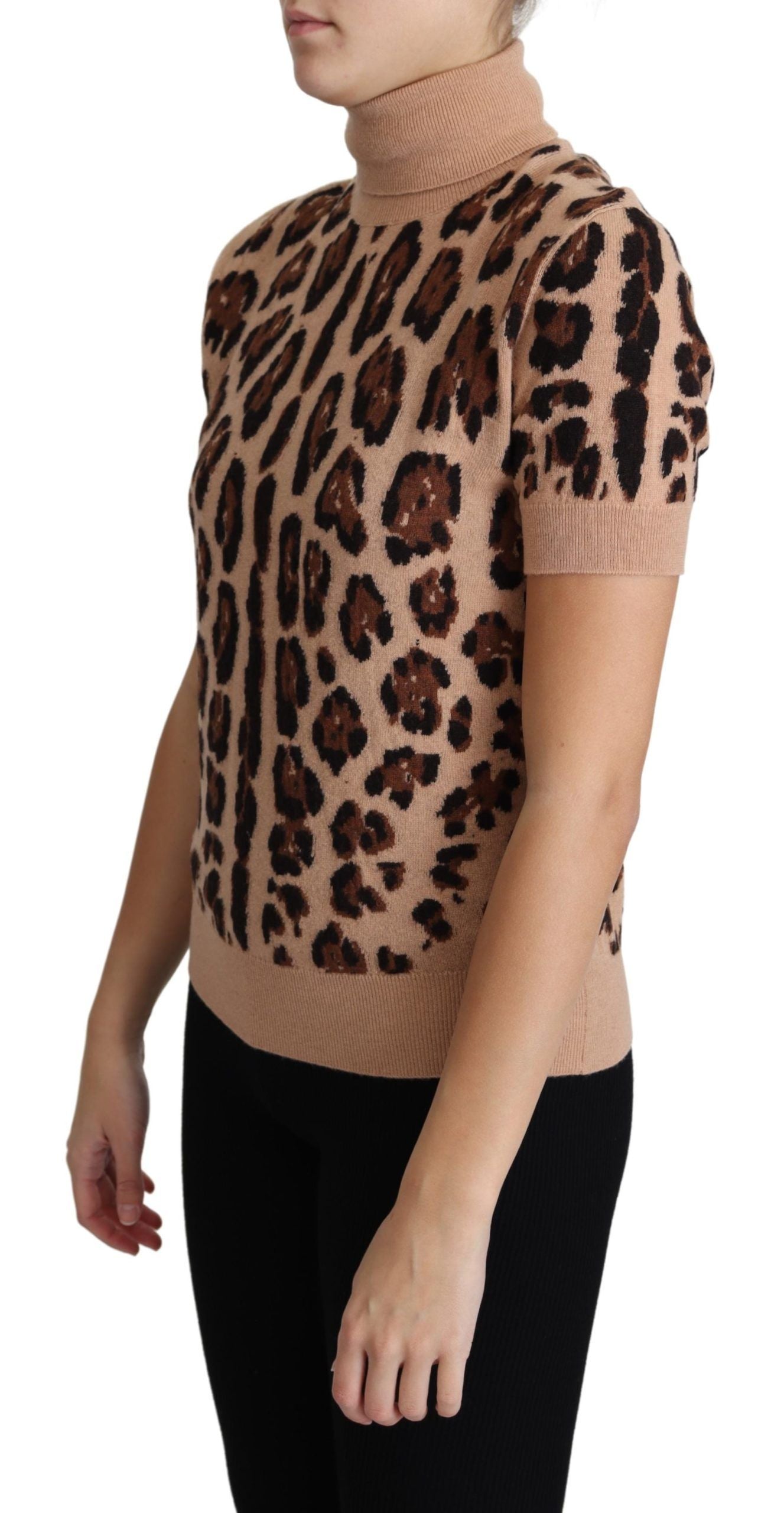 Dolce & Gabbana Beige Leopardmönstrad Topp i Virgin Wool Polotröja