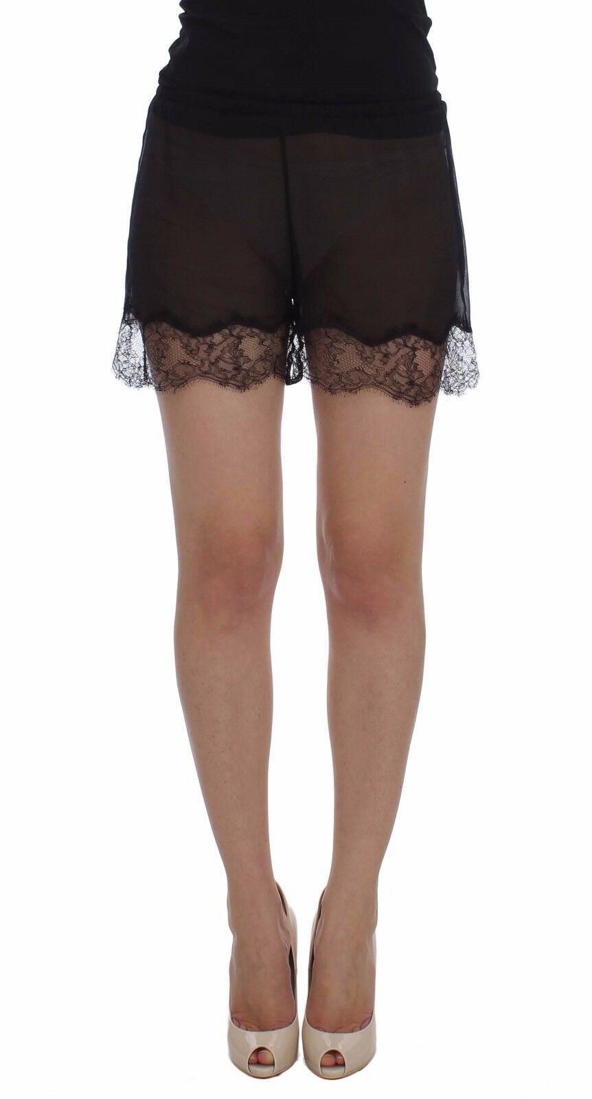 Svarta blommiga spetssömnadsshorts i siden