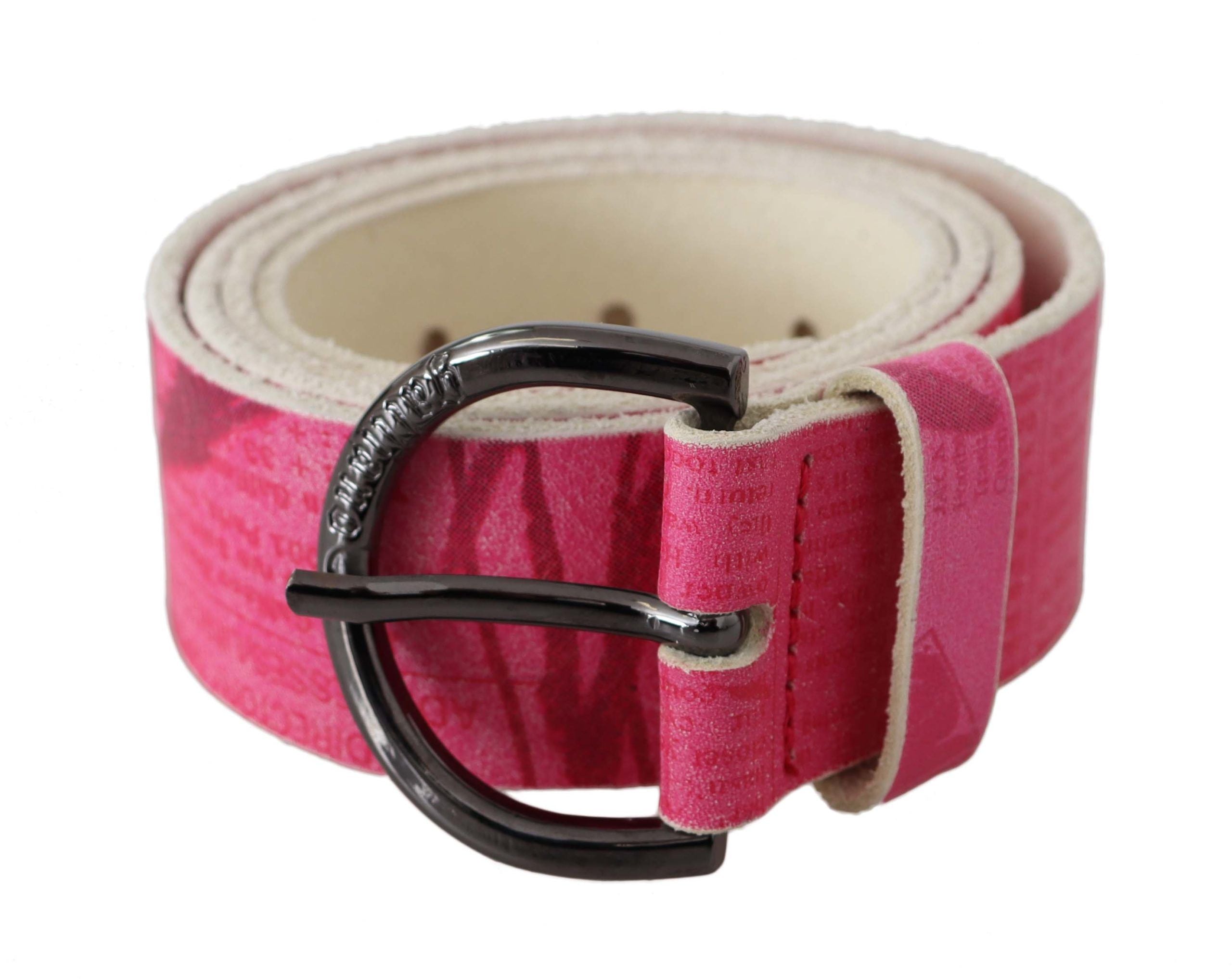 Rosa skinnbelte med rund spenne, bokstavlogodesign