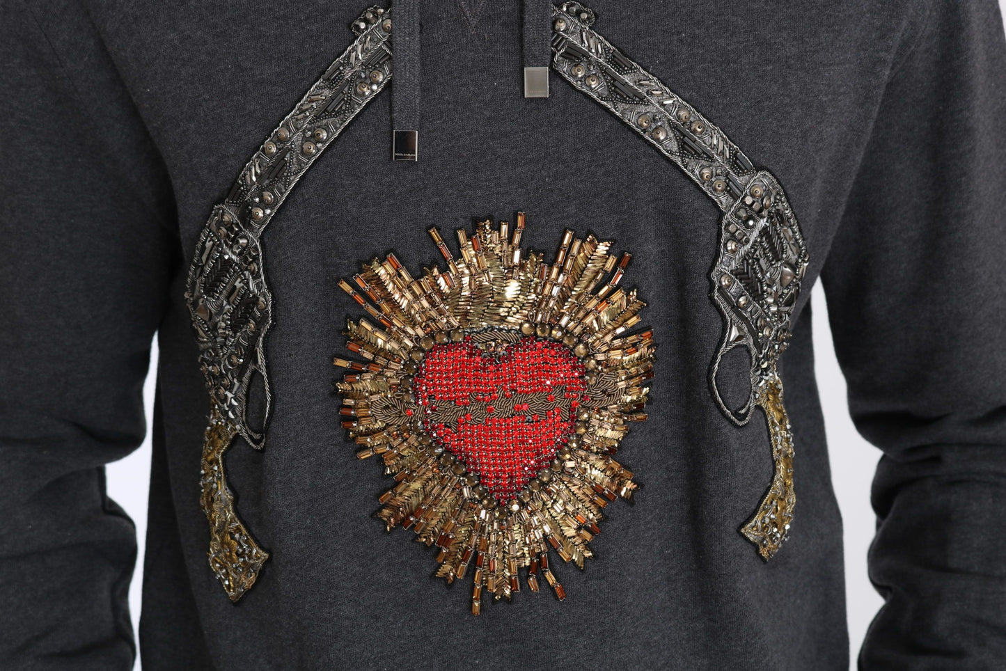 Dolce & Gabbana Grå Hettegenser med Rød Krystallhjertepistol