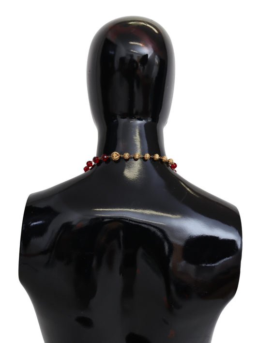 Dolce & Gabbana Guldfärgat Mässingshalsband med Röda Kristaller och Operakedja