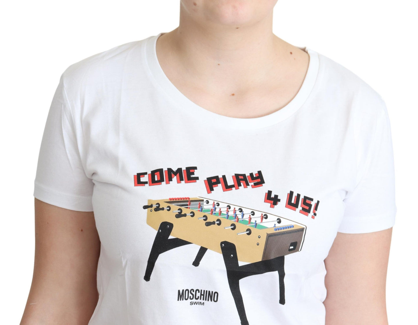 Moschino Vit bomulls-t-shirt med tryck och Come Play 4 Us-motiv