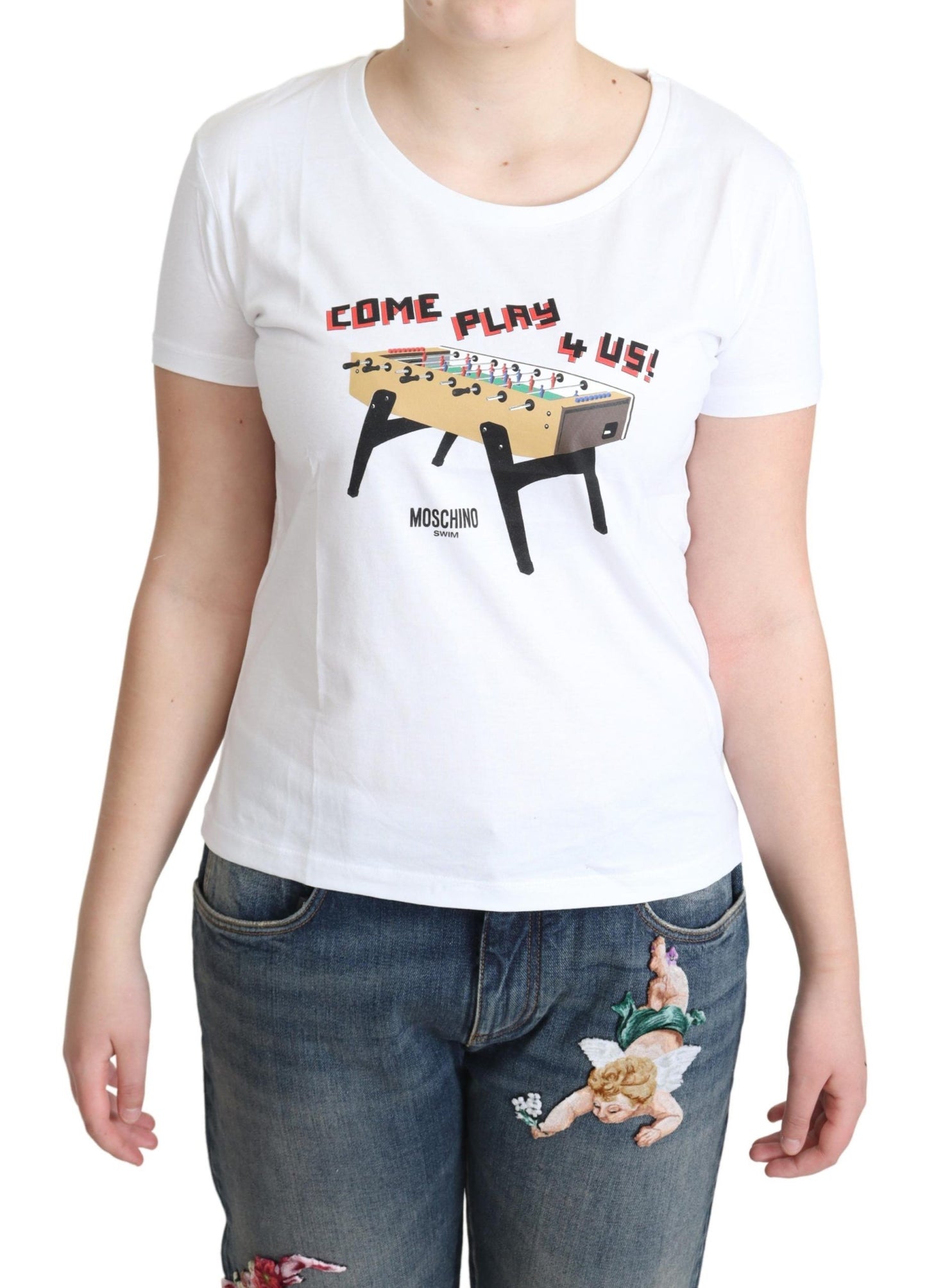 Moschino Vit bomulls-t-shirt med tryck och Come Play 4 Us-motiv