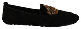 Dolce & Gabbana Black Leather Crystal Gold Crown Loafers Shoes