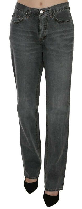 Grå tvättade raka denimbyxor med medelhög midja