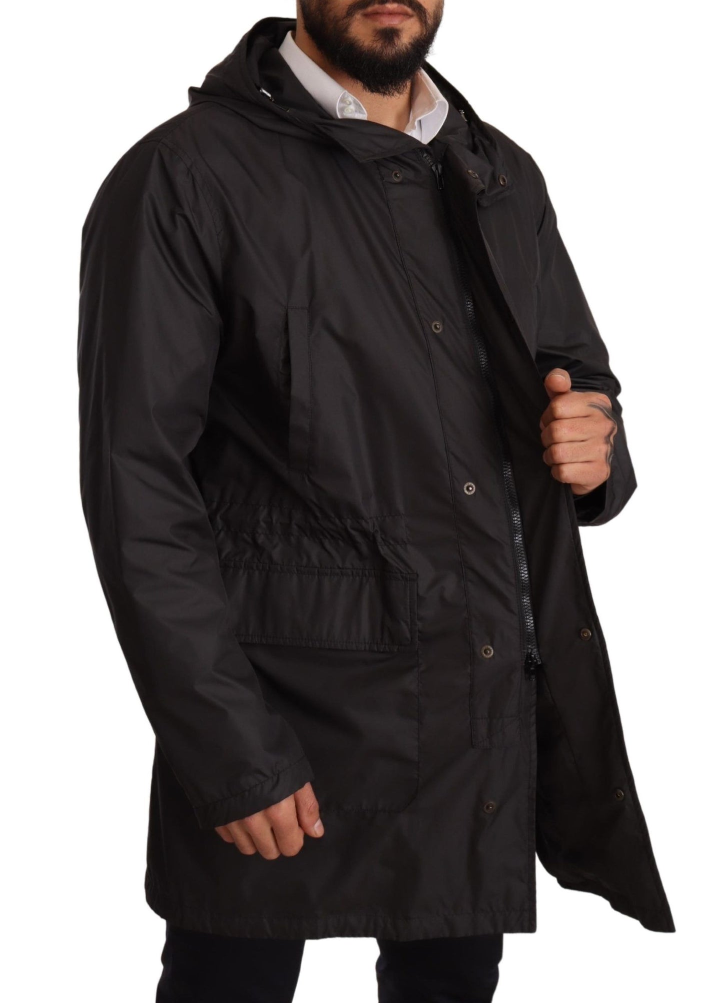 Dolce & Gabbana Svart Trenchcoat med Huva Herrjacka