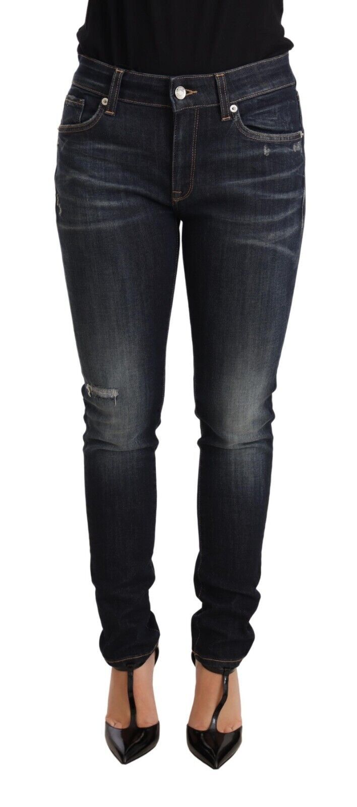 Blå tvättade smala skinny denimjeans i bomull och stretch