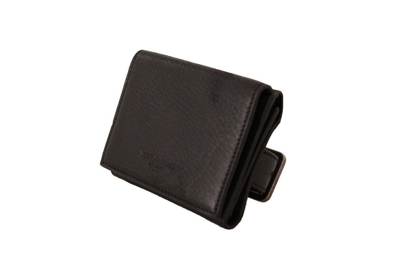 Dolce & Gabbana svart skinnveske med tre fold, beltestropp, multisett-lommebok