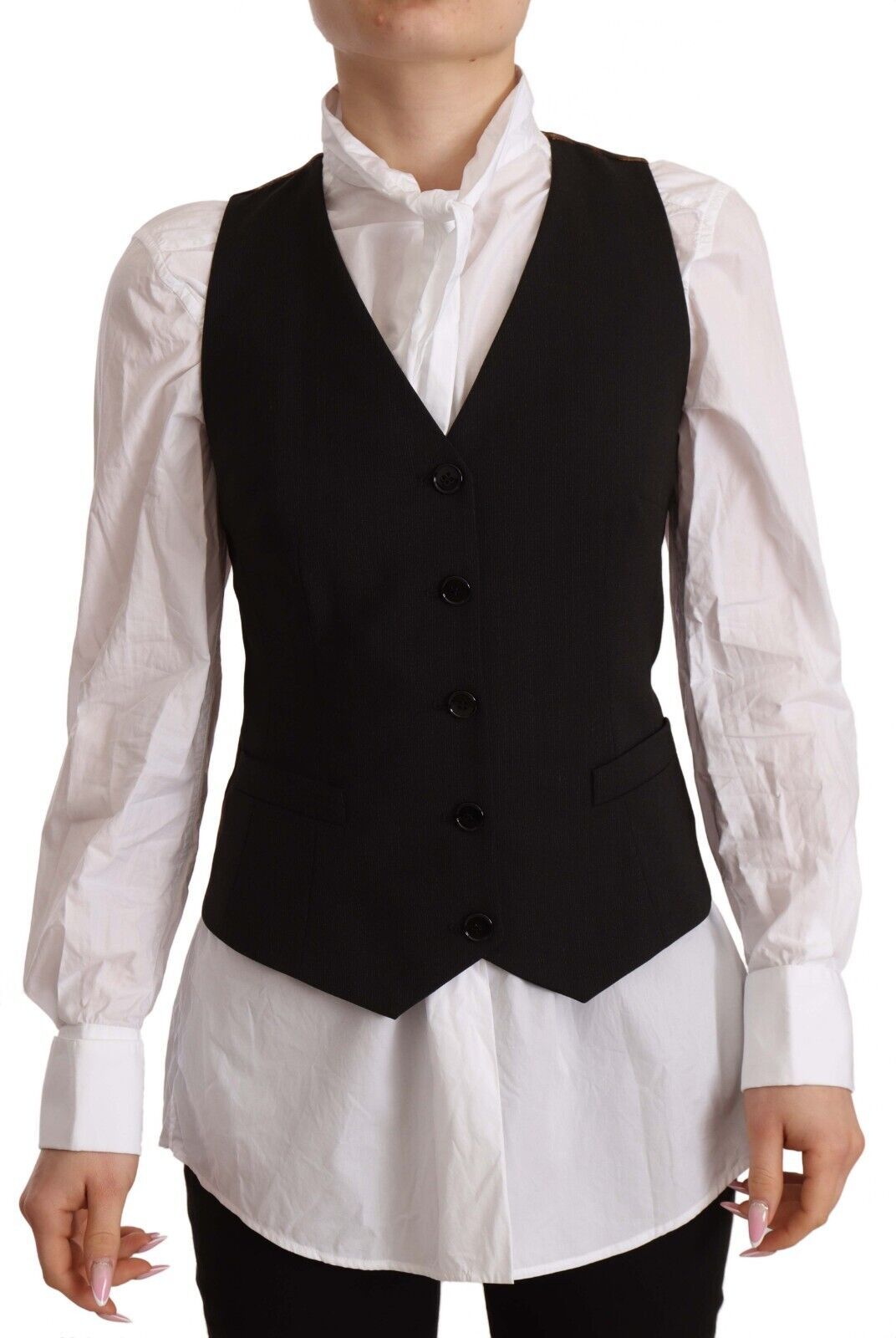 Dolce & Gabbana Black Button Down Sleeveless Vest Polyester Top