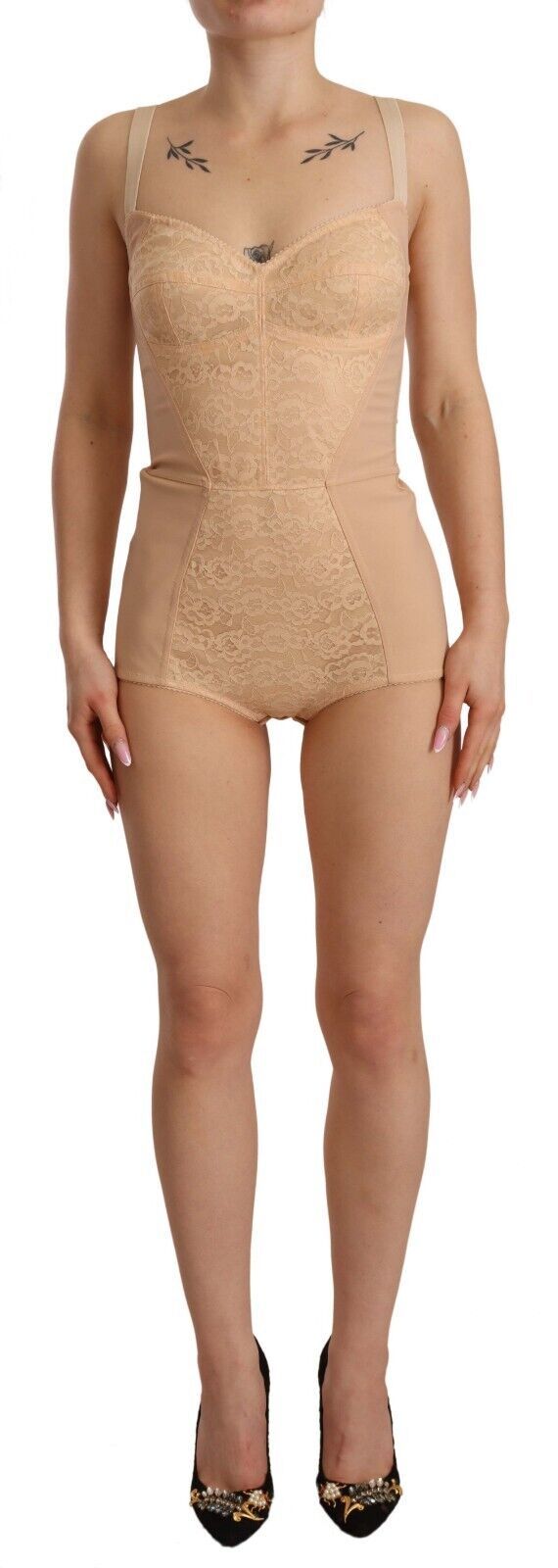 Beige nylon blomster blonder bodysuit undertøy