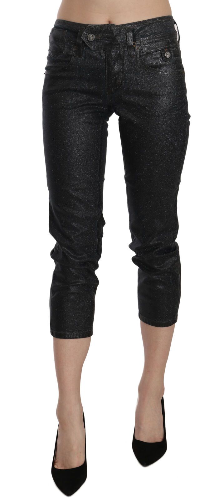Svarta tvättade denimbyxor med medelhög midja och smala ben