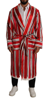 Dolce & Gabbana Red White Striped Silk Mens Night Gown Robe