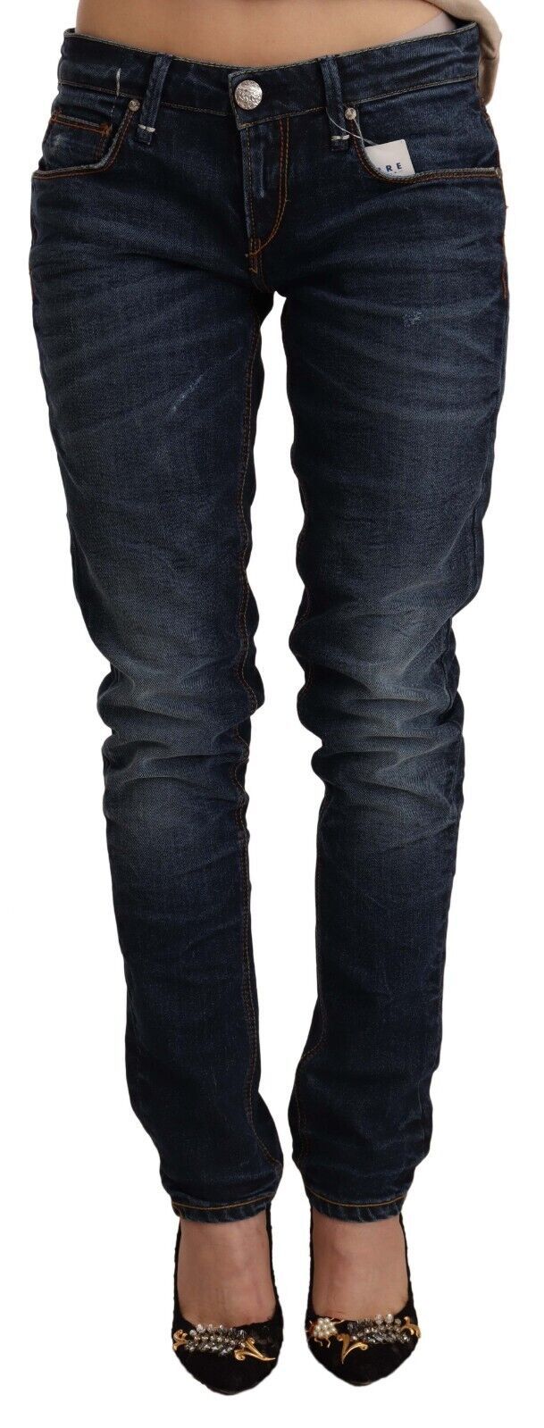 Blå, vasket bomull, lav midje, skinny denimjeans