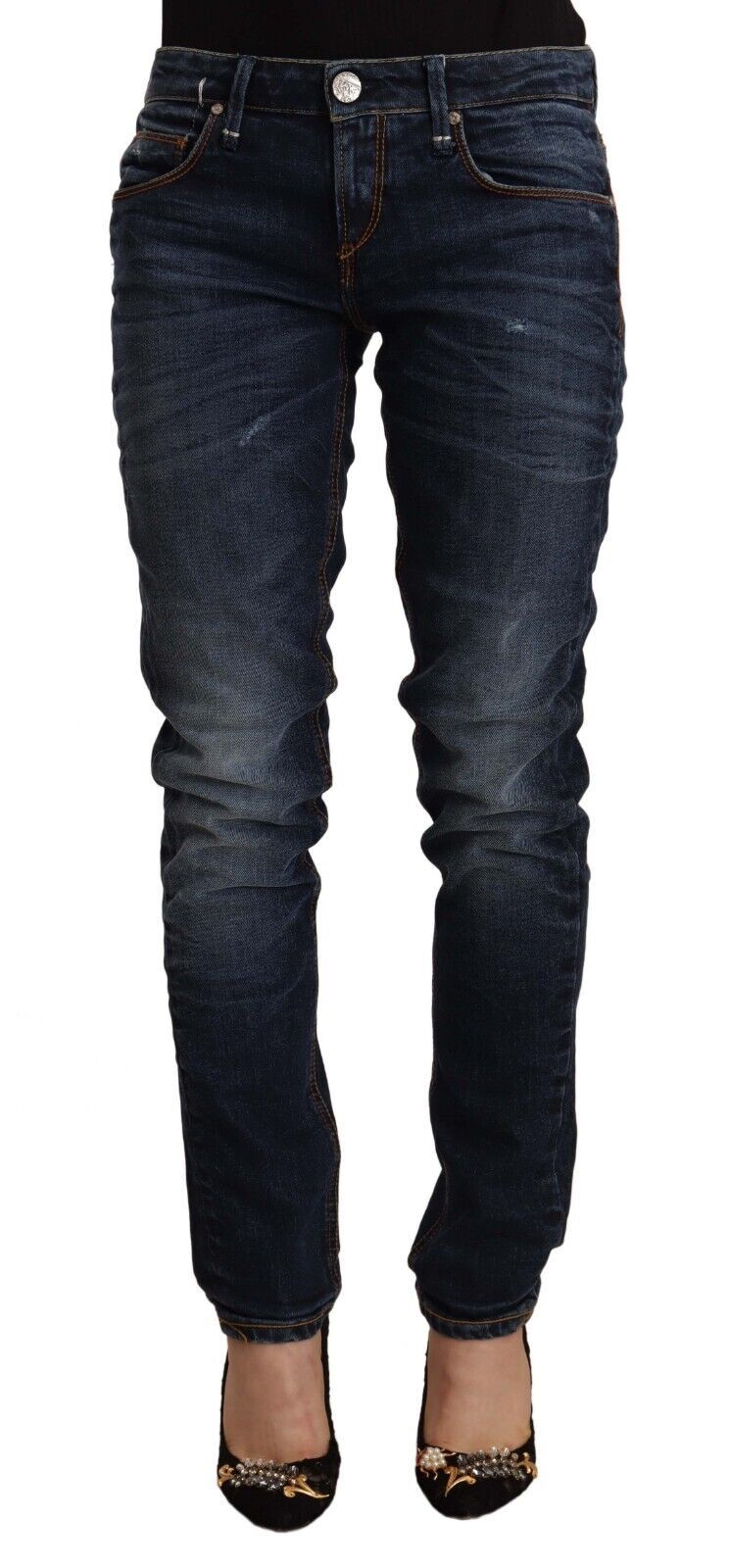 Blå tvättade bomulls skinny jeans med medelhög midja