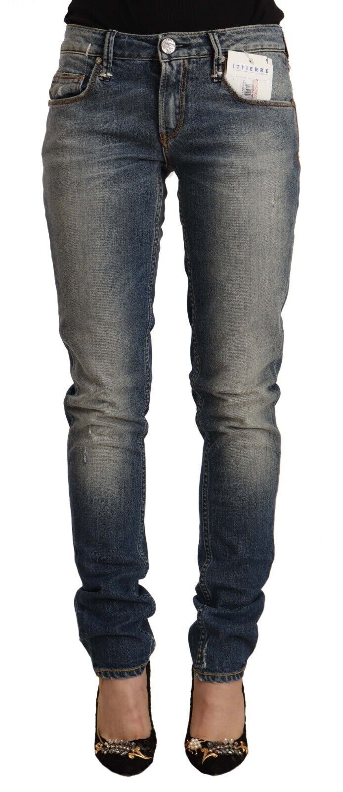 Blå tvättade bomulls skinny jeans med medelhög midja