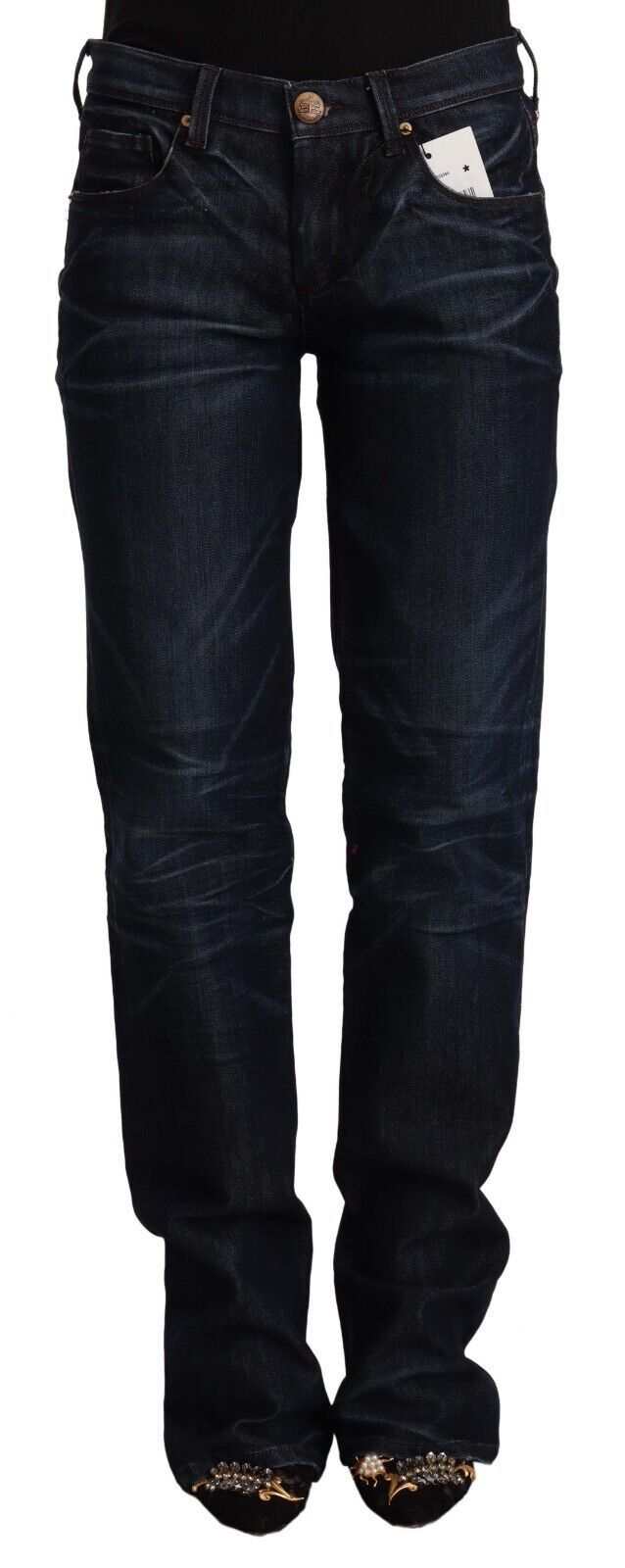 Mörkblå raka jeans med medelhög midja i bomullsdenim