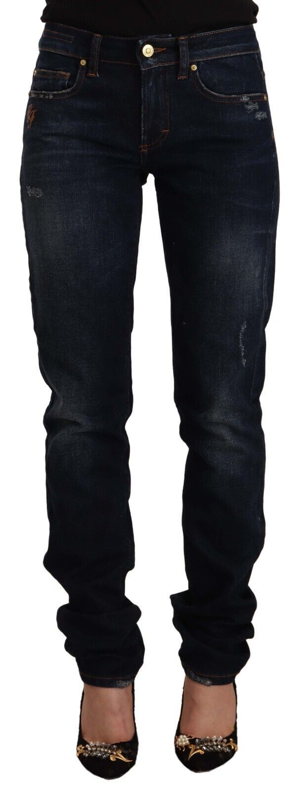 Mörkblå tvättade skinny jeans med medelhög midja i bomullsdenim