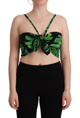 Dolce & Gabbana Black Green Leaf Silk Halter Cropped Top