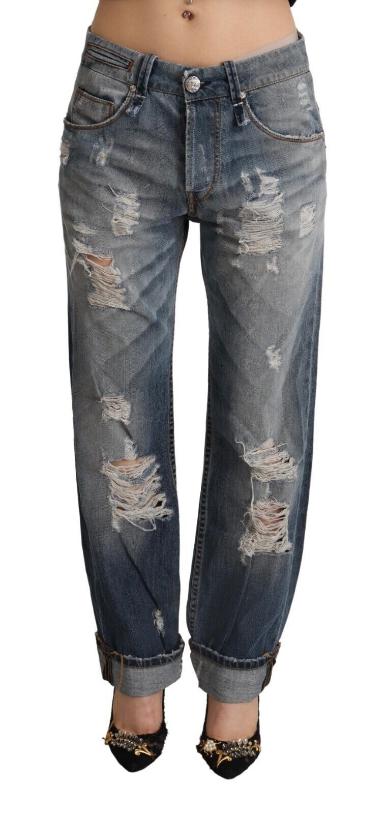 Blå fillete rette denim-bomullsjeans med middelhøy midje