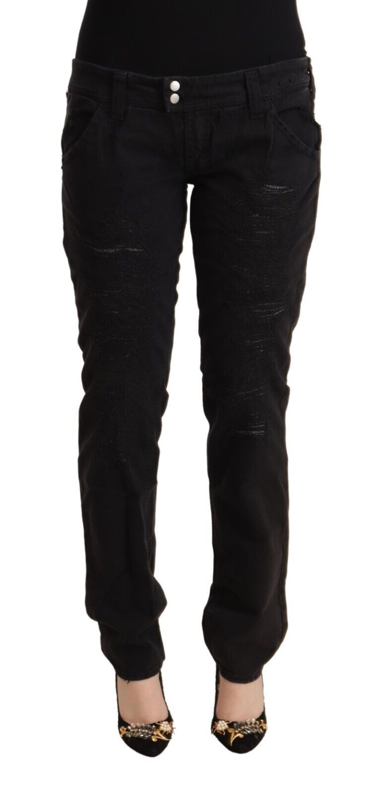 Svarta bomullsslitna slim fit jeans med låg midja