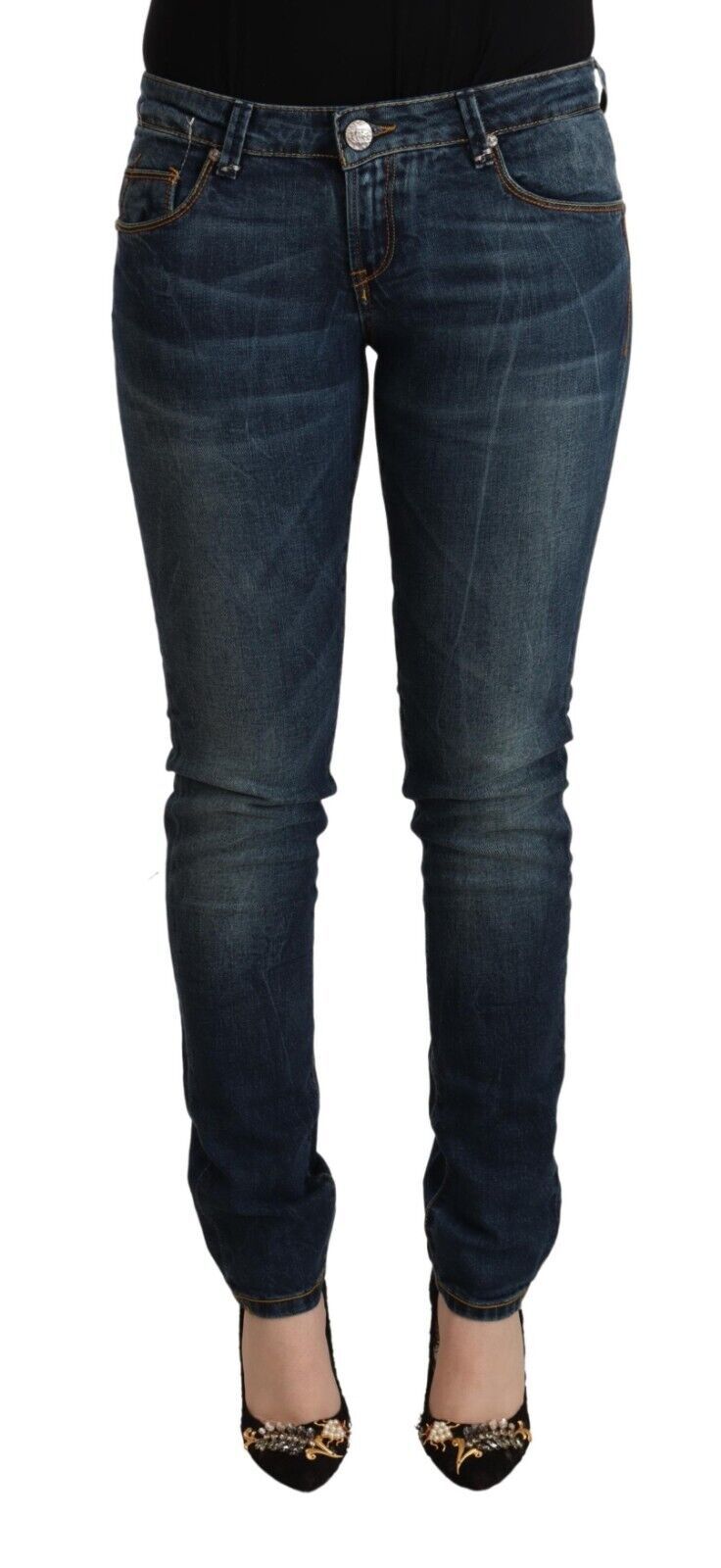 Blå tvättade bomulls slim fit denimjeans med låg midja