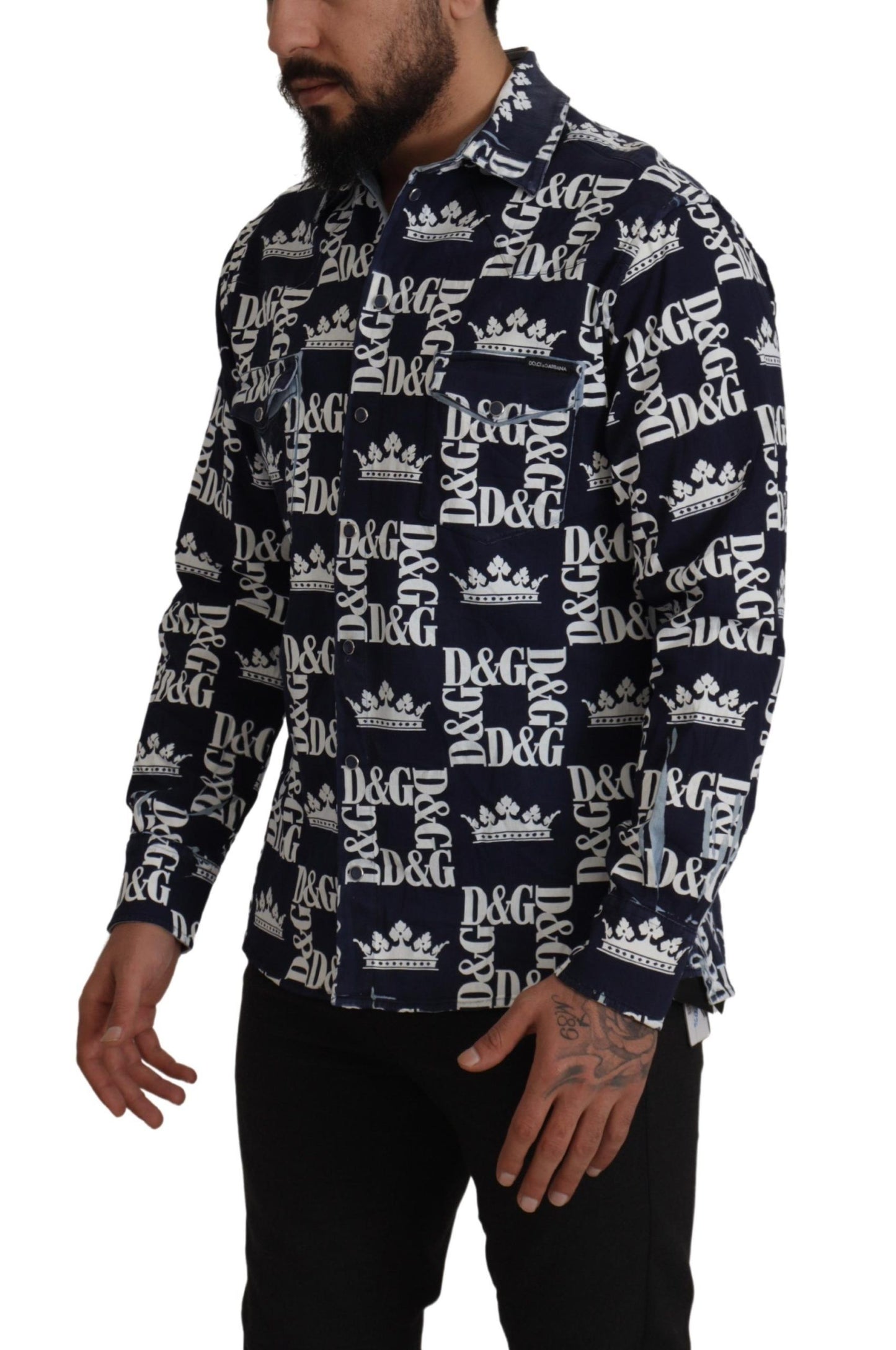 Dolce & Gabbana Blå Denim Stretchig DG Kronlogotyp Casual Skjorta
