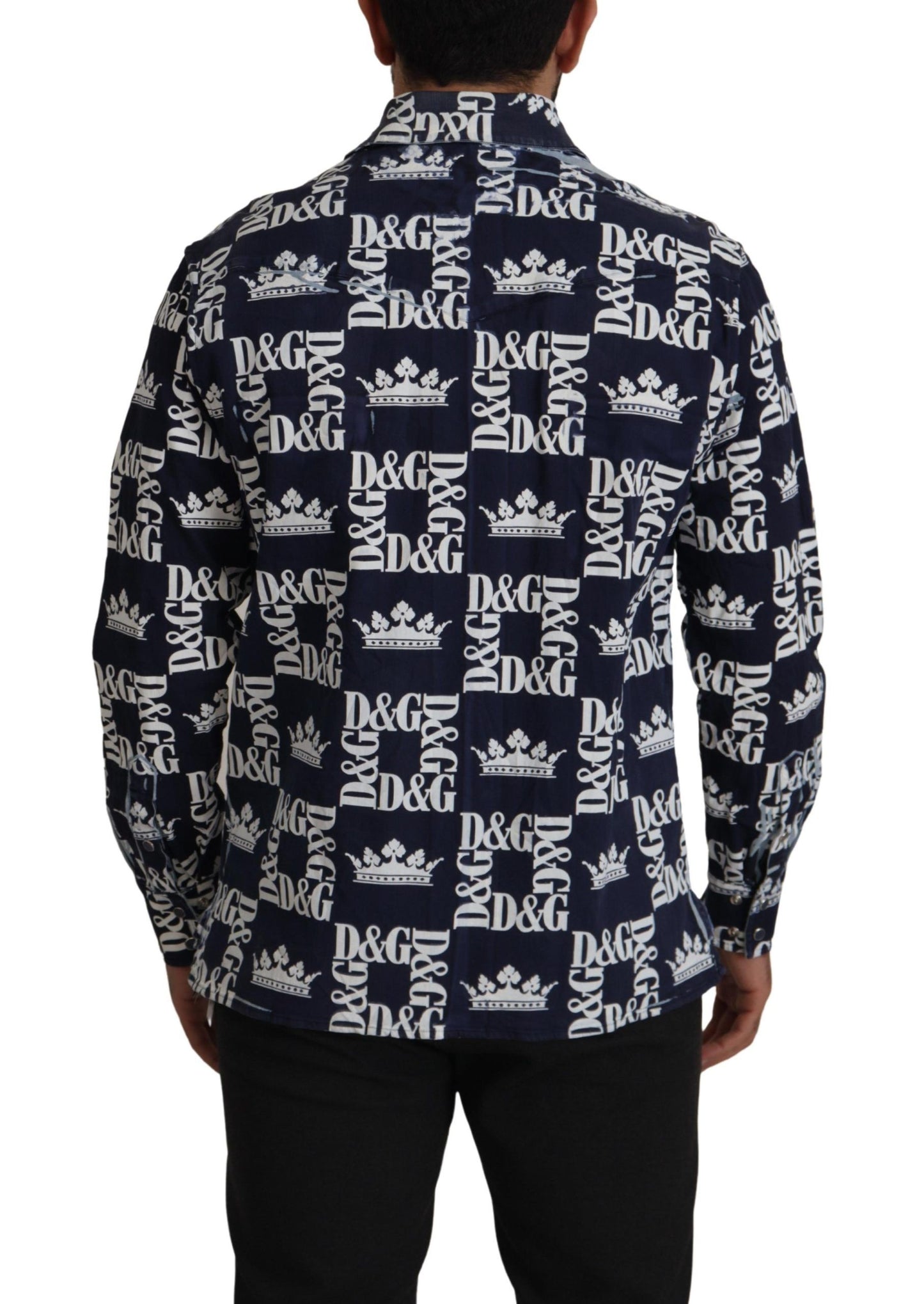 Dolce & Gabbana Blå Denim Stretchig DG Kronlogotyp Casual Skjorta