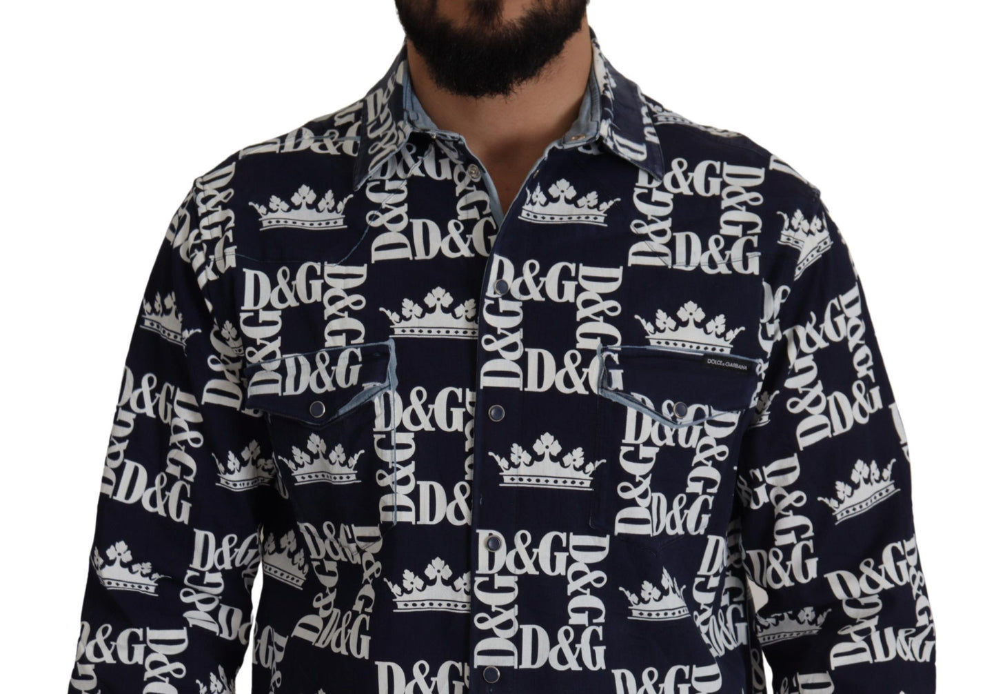 Dolce & Gabbana Blå Denim Stretchig DG Kronlogotyp Casual Skjorta