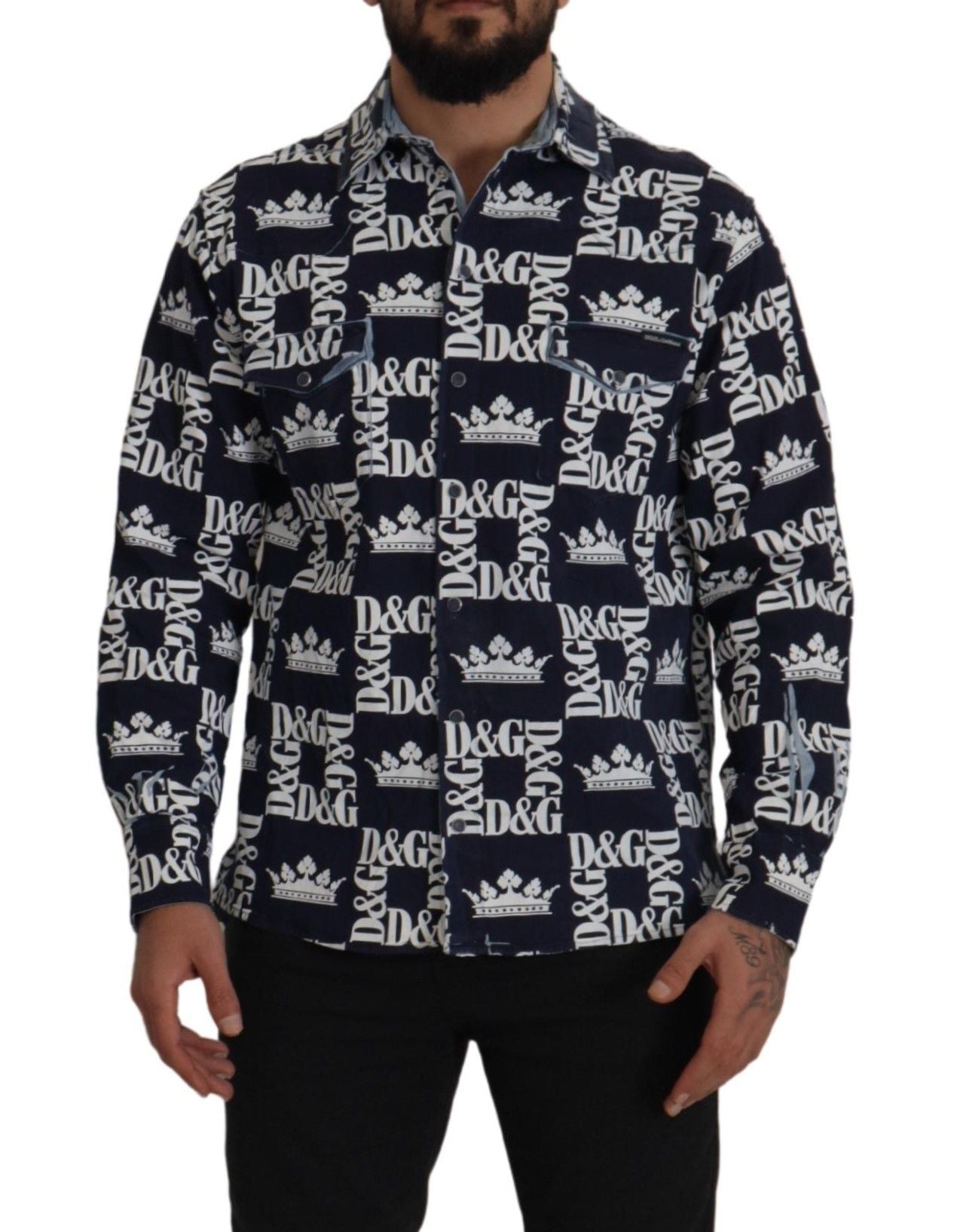 Dolce & Gabbana Blå Denim Stretchig DG Kronlogotyp Casual Skjorta