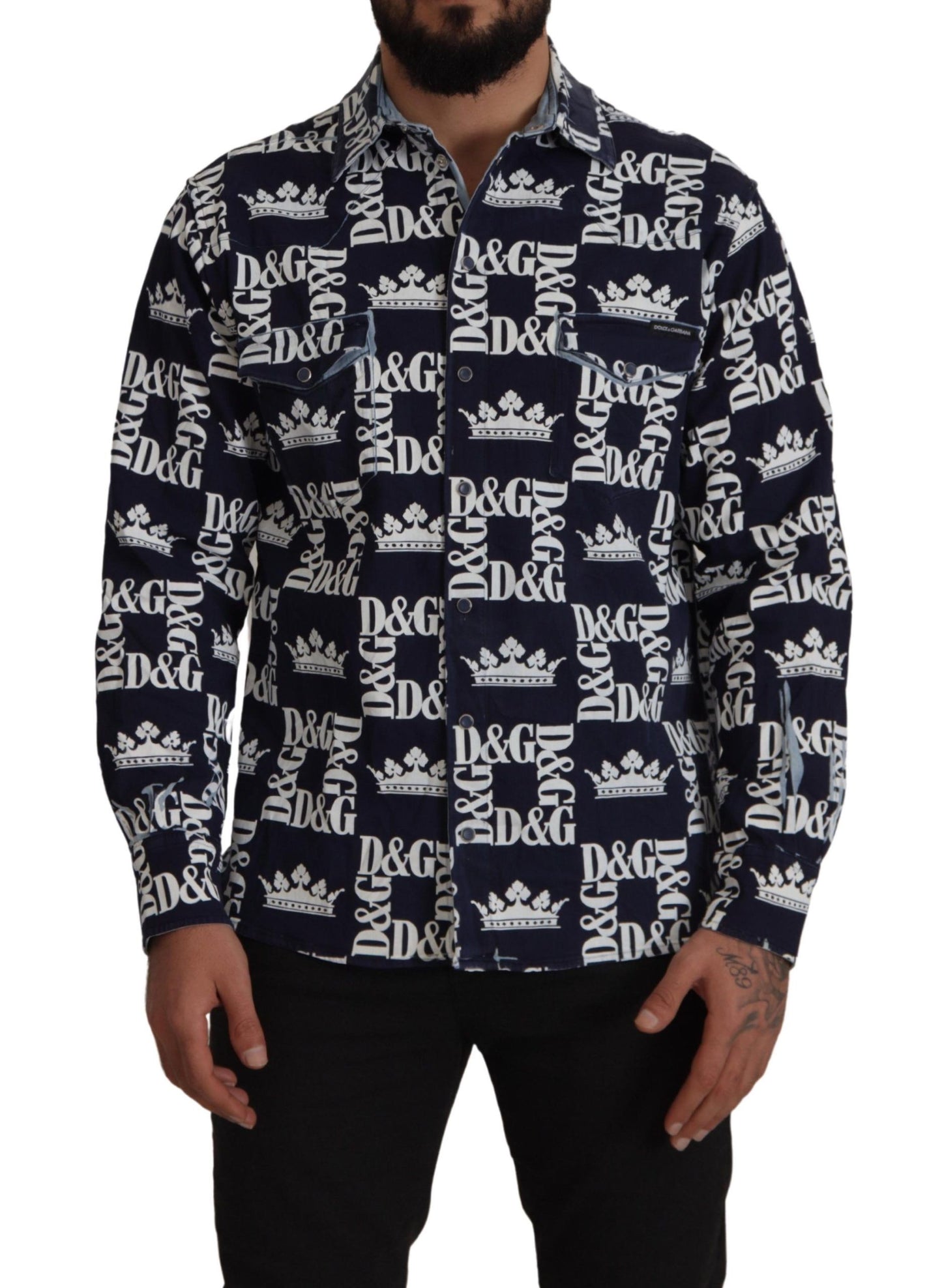 Dolce & Gabbana Blå Denim Stretchig DG Kronlogotyp Casual Skjorta