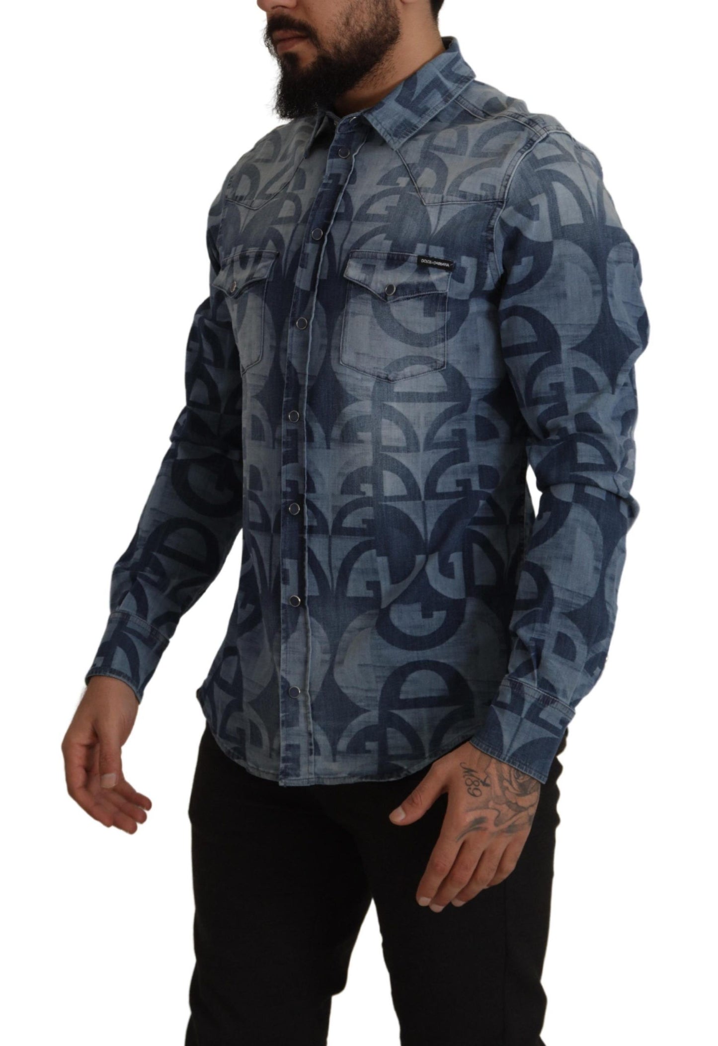 Dolce & Gabbana Blå Denim Stretch DG Logo Casual Herrskjorta Slim