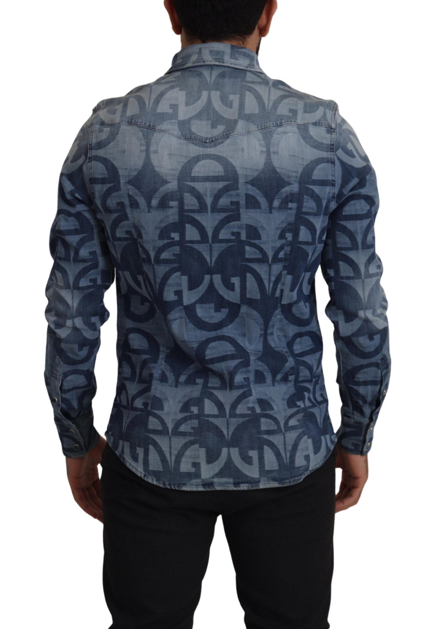 Dolce & Gabbana Blå Denim Stretch DG Logo Casual Herrskjorta Slim