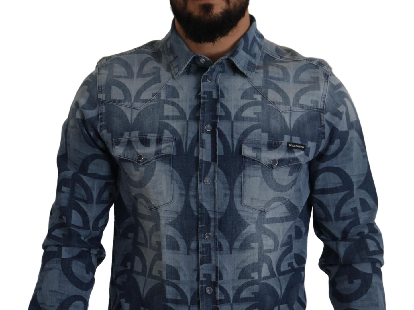 Dolce & Gabbana Blå Denim Stretch DG Logo Casual Herrskjorta Slim