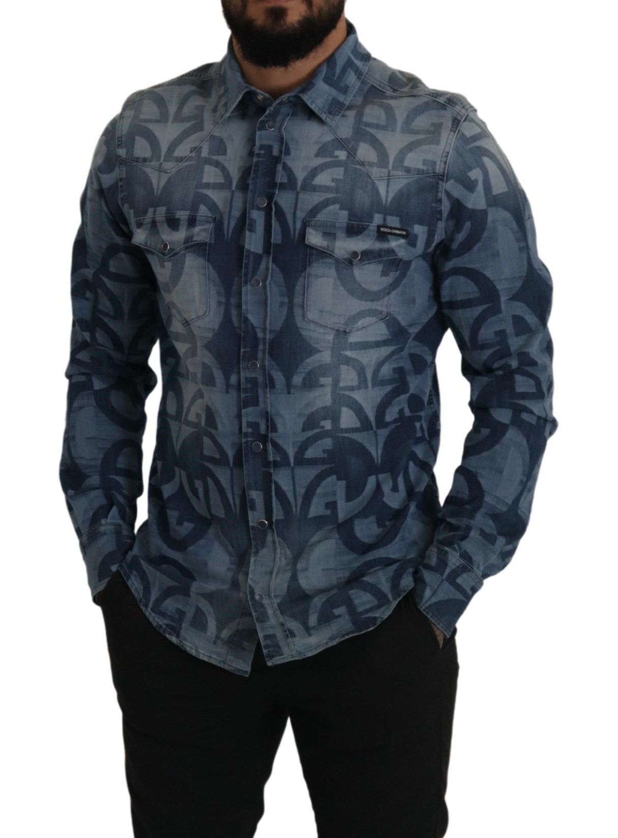 Dolce & Gabbana Blå Denim Stretch DG Logo Casual Herrskjorta Slim