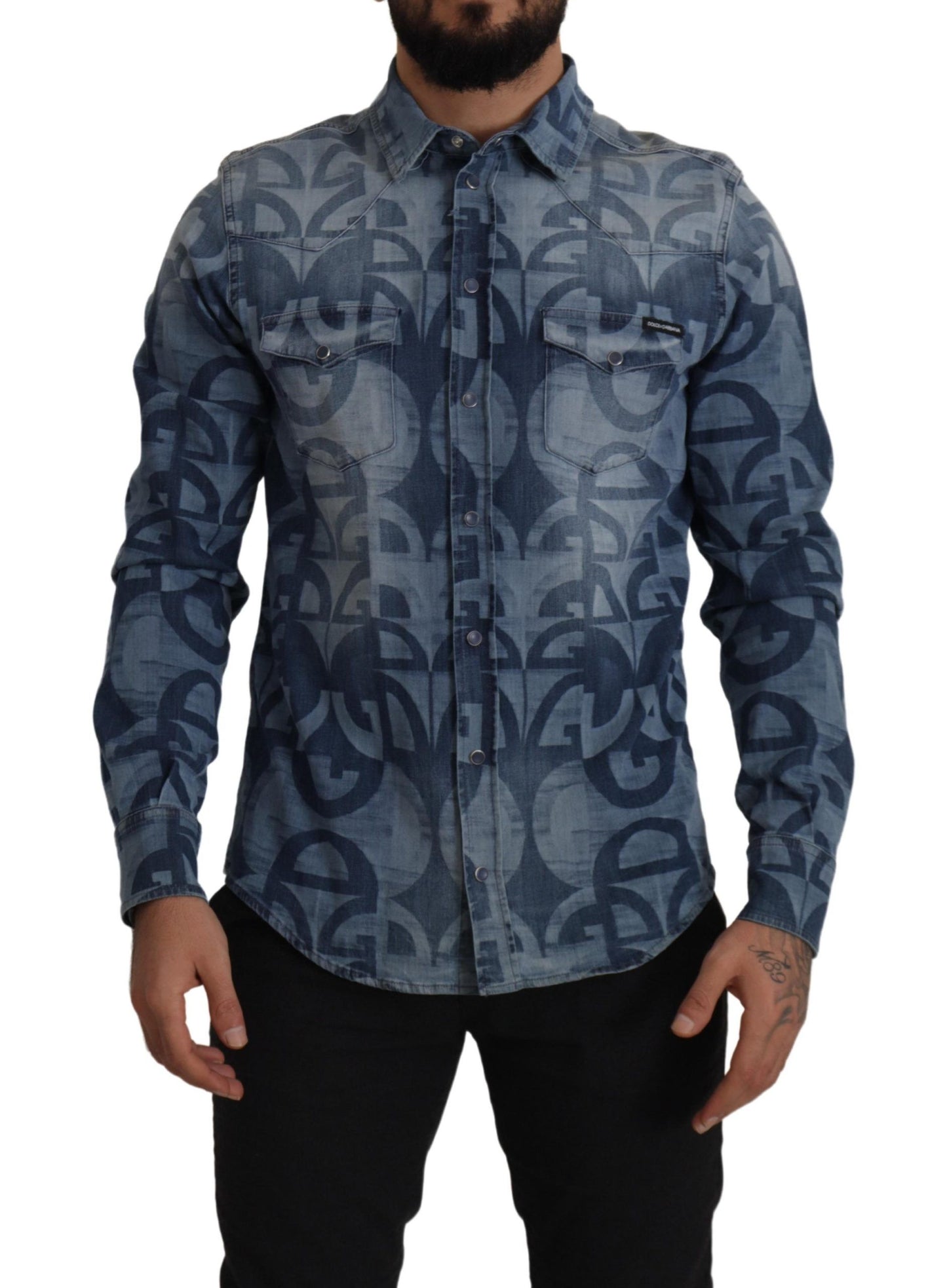 Dolce & Gabbana Blå Denim Stretch DG Logo Casual Herrskjorta Slim