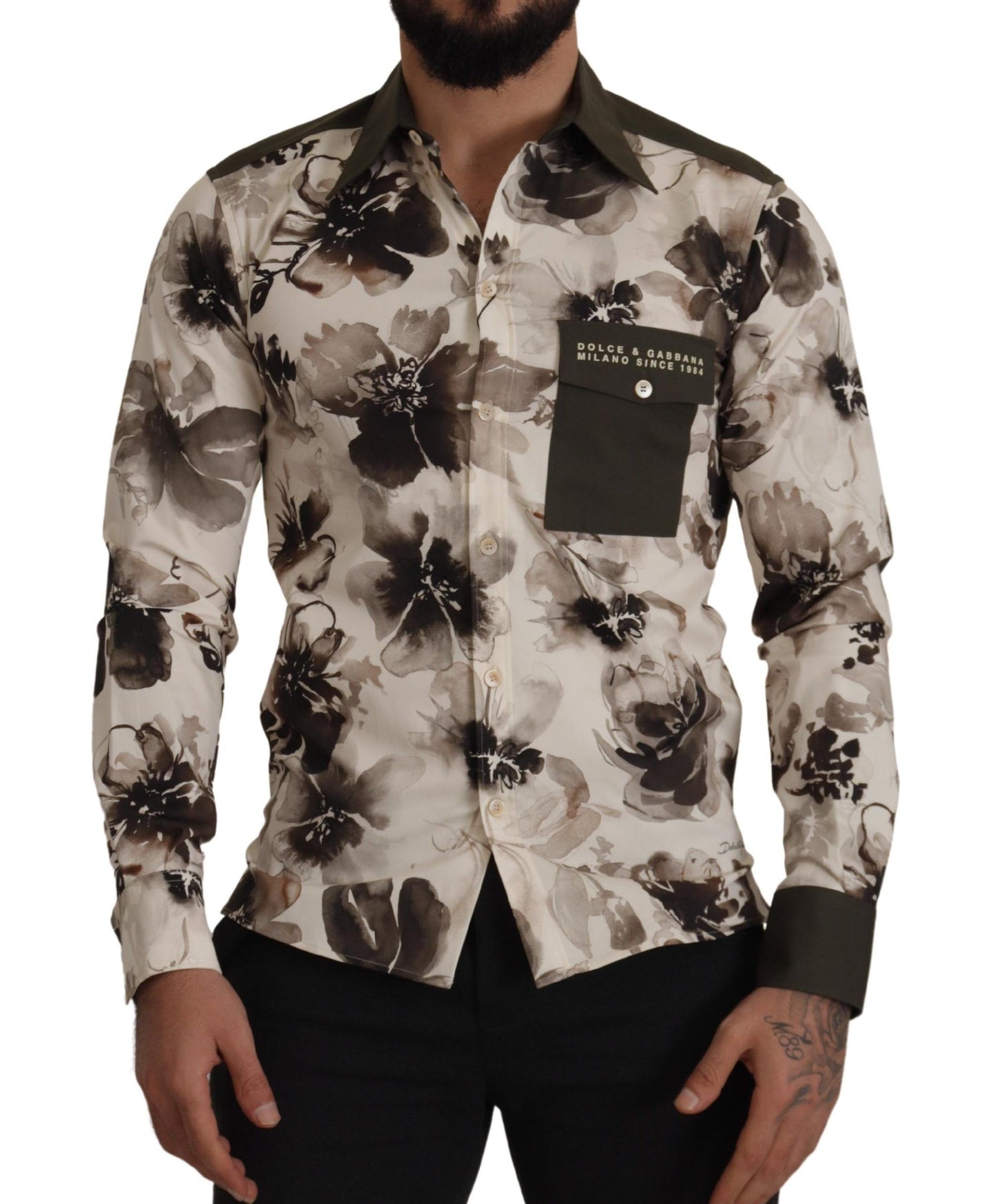 Dolce & Gabbana Grönbeige Blommig Bomulls Stretch Exklusiv Skjorta